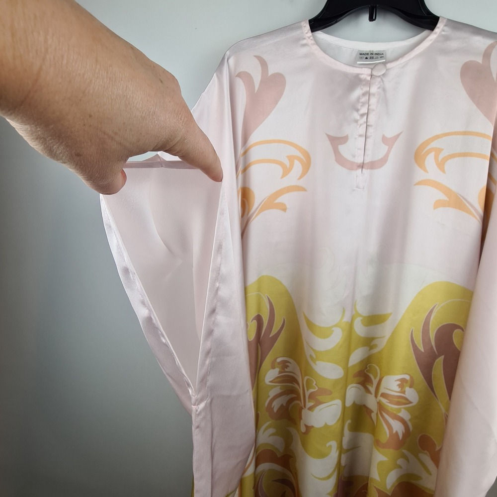 Floral Satin Kaftan Maxi Dress Made in India Oversized Boho Robe Pink Yellow - Picture 3 of 6